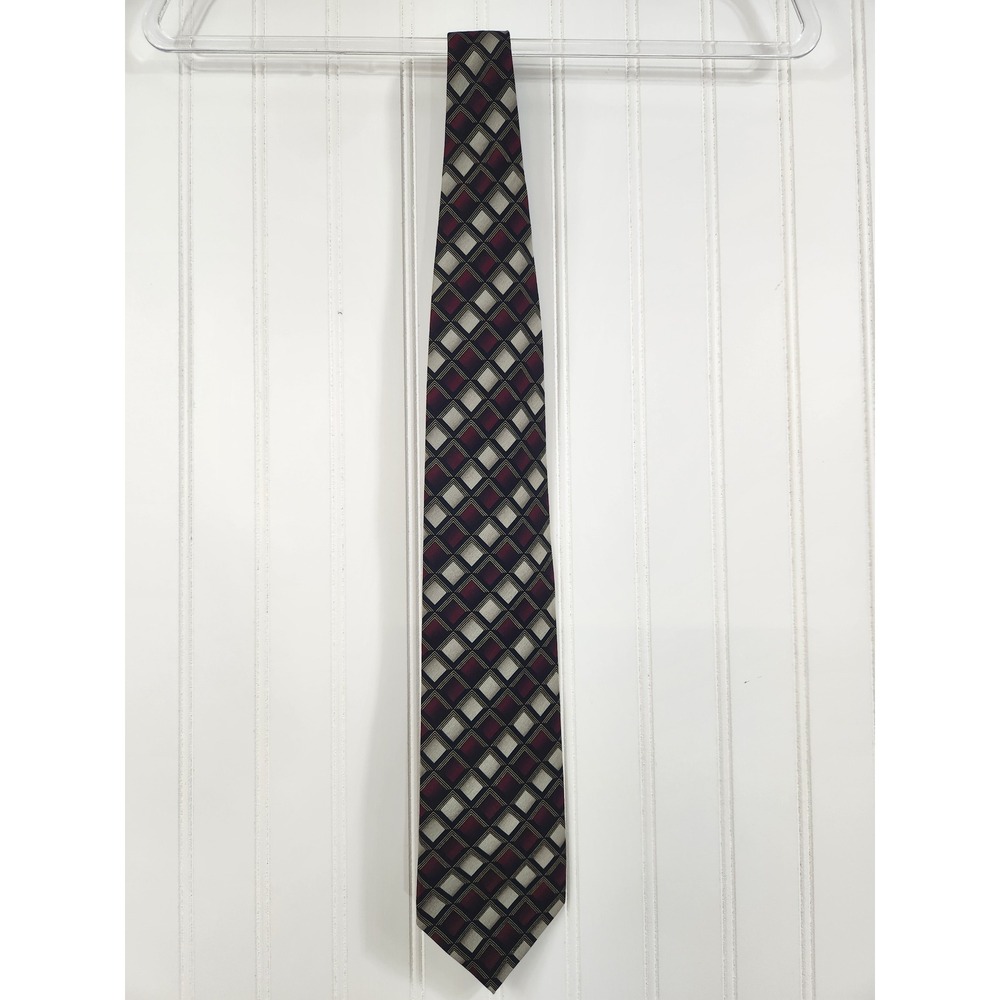 Valerio Garati Mens 100% Silk Necktie Burgundy Silver Black Geometric Diamond